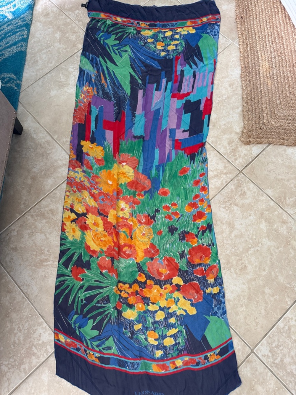 Leonard colorful Floral Silk Scarf Wrap - Navy Multi